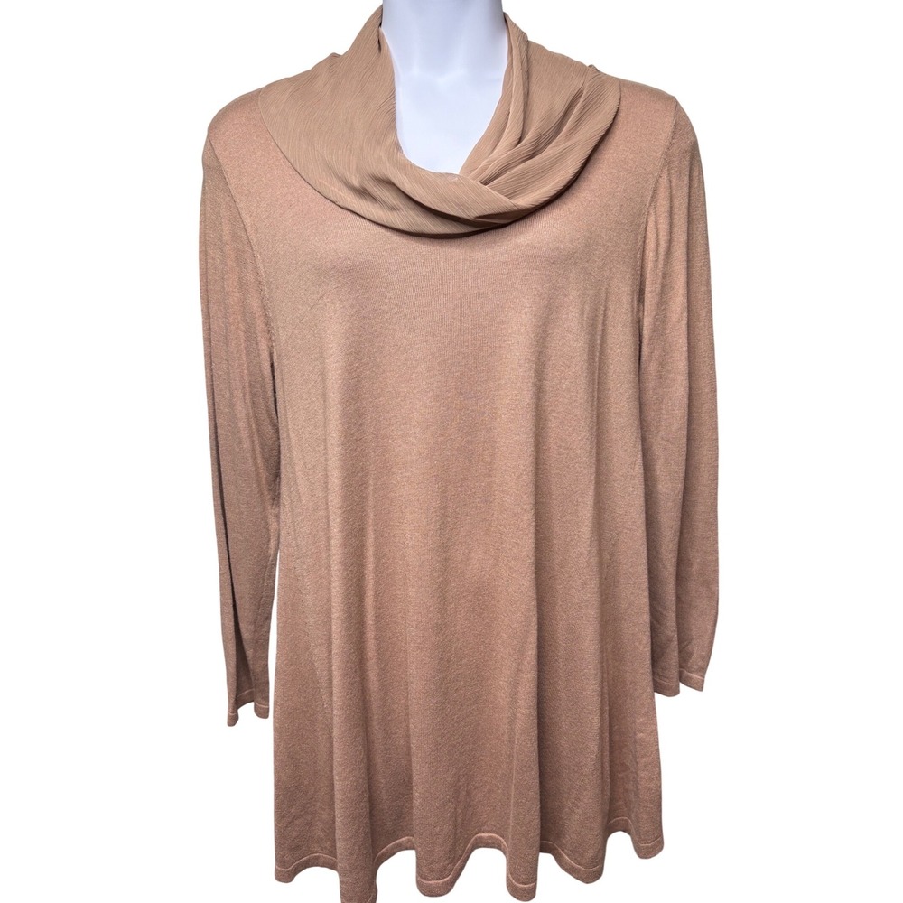 SUSAN GRAVER Womens Tan Cowl Neck Tunic Sweater 1X Mixed Media Chic Quiet Luxury